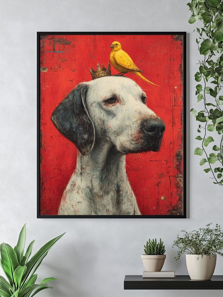 Crowned Dog and Canary Illustration Poster. — room view 4