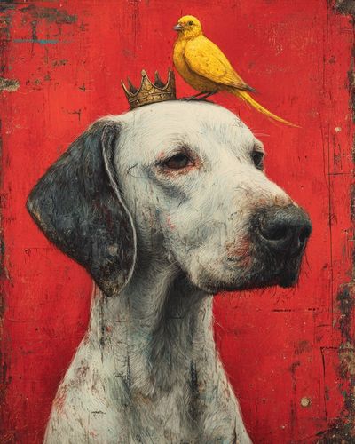 Crowned Dog and Canary Illustration Poster. poster