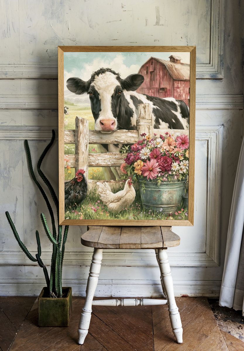 Farmyard Cow and Flowers Illustration Poster. room preview