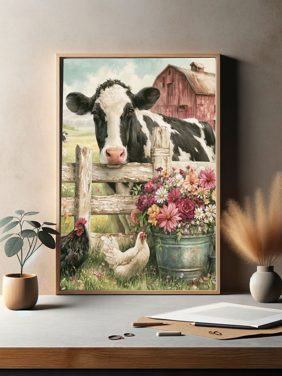 Farmyard Cow and Flowers Illustration Poster. — room view 2