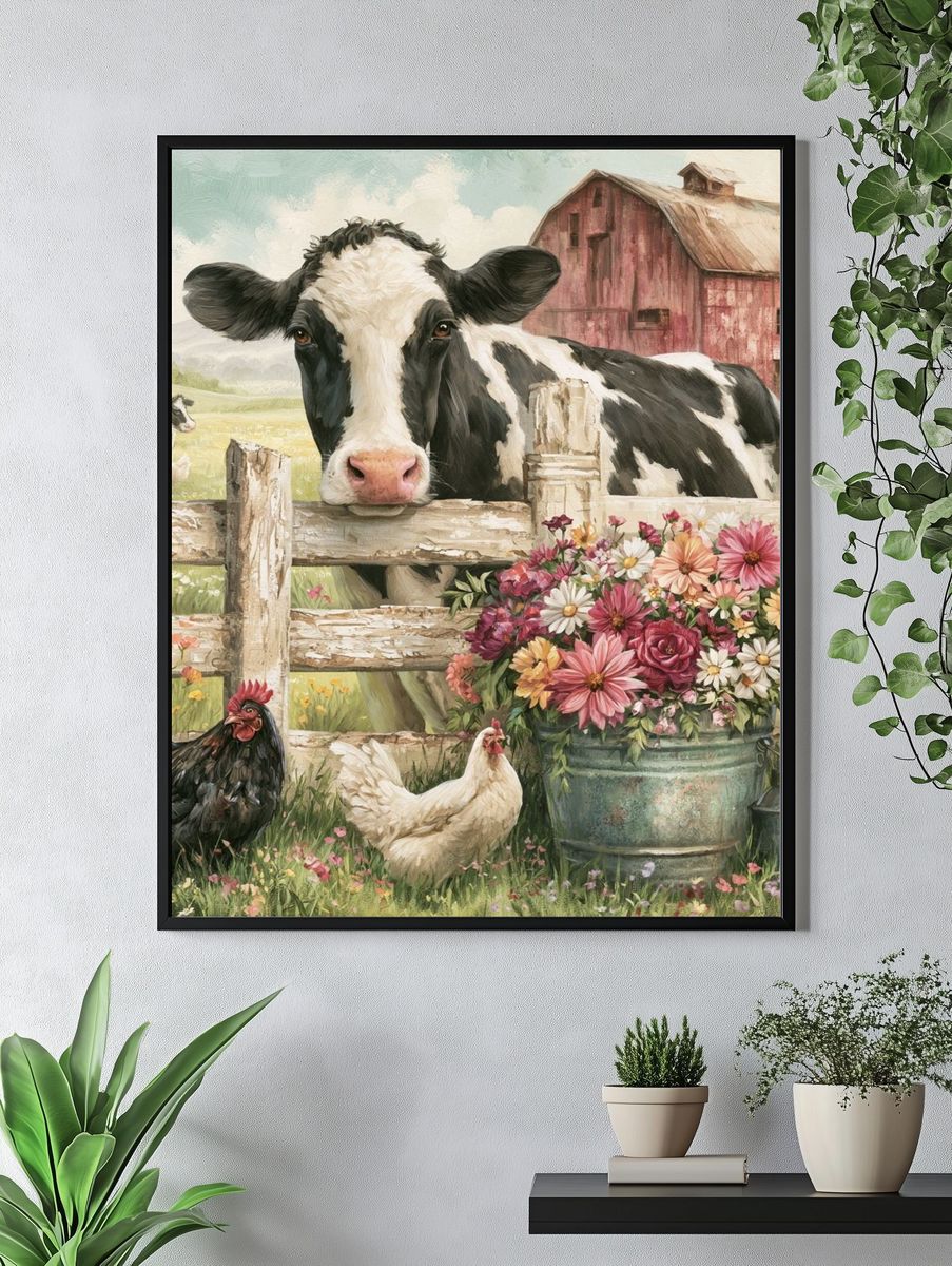 Farmyard Cow and Flowers Illustration Poster. — room view 4