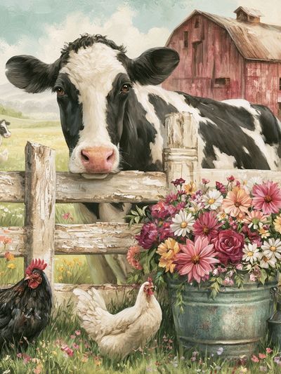 Farmyard Cow and Flowers Illustration Poster.