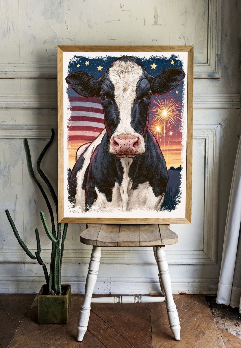 Patriotic Cow Illustration Poster. — room view 1