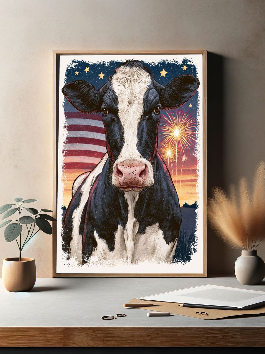 Patriotic Cow Illustration Poster. — room view 2