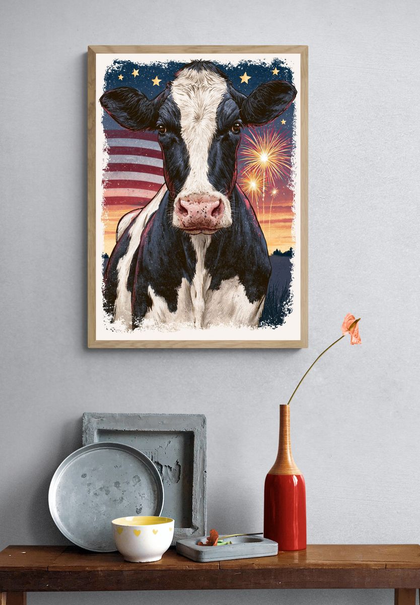 Patriotic Cow Illustration Poster. — room view 3
