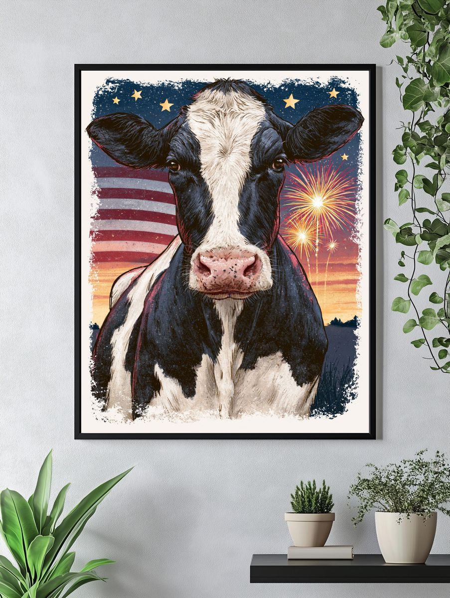 Patriotic Cow Illustration Poster. — room view 4