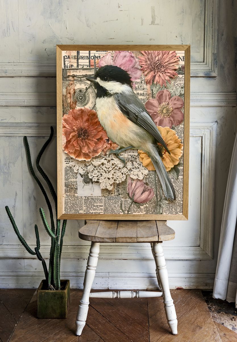 Chickadee Floral Collage Poster. room preview