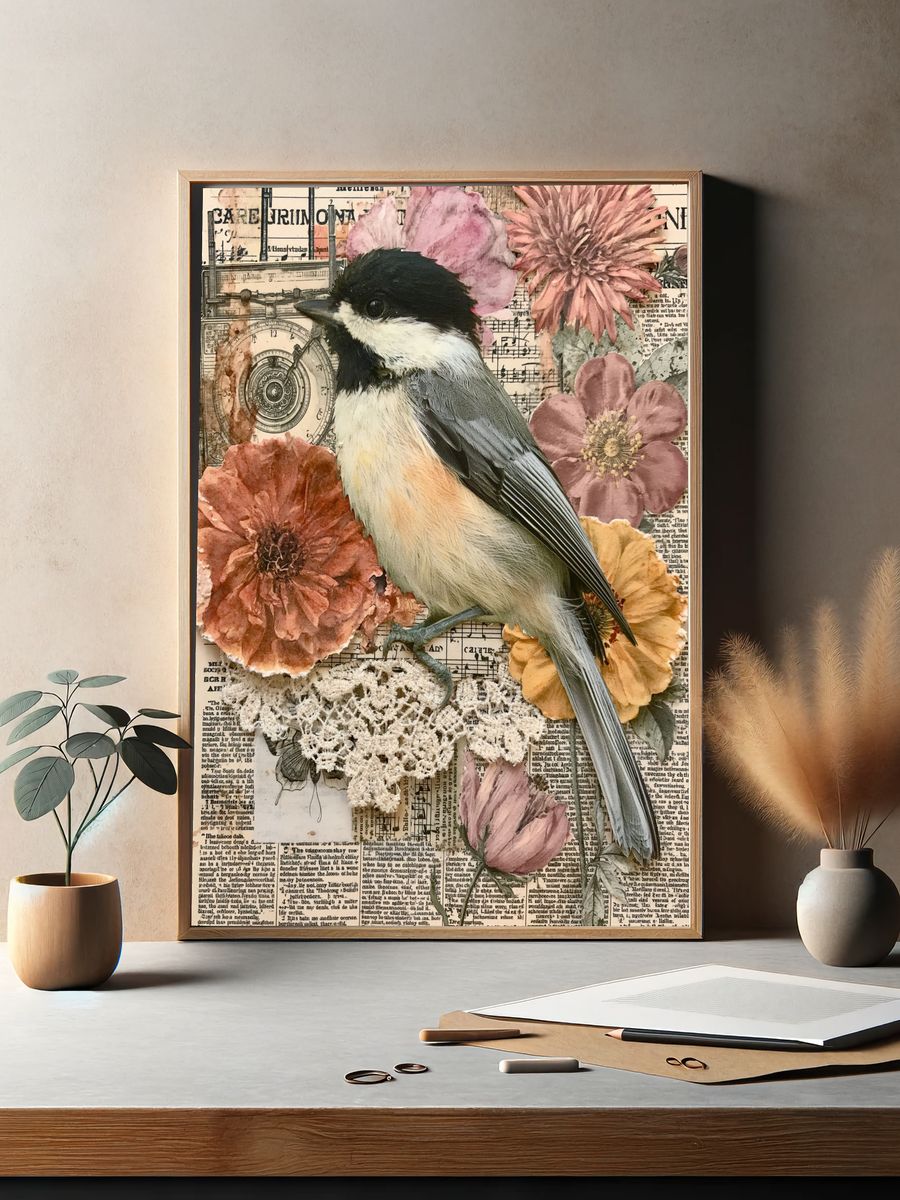 Chickadee Floral Collage Poster. — room view 2