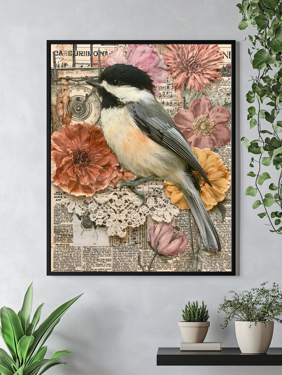 Chickadee Floral Collage Poster. — room view 4