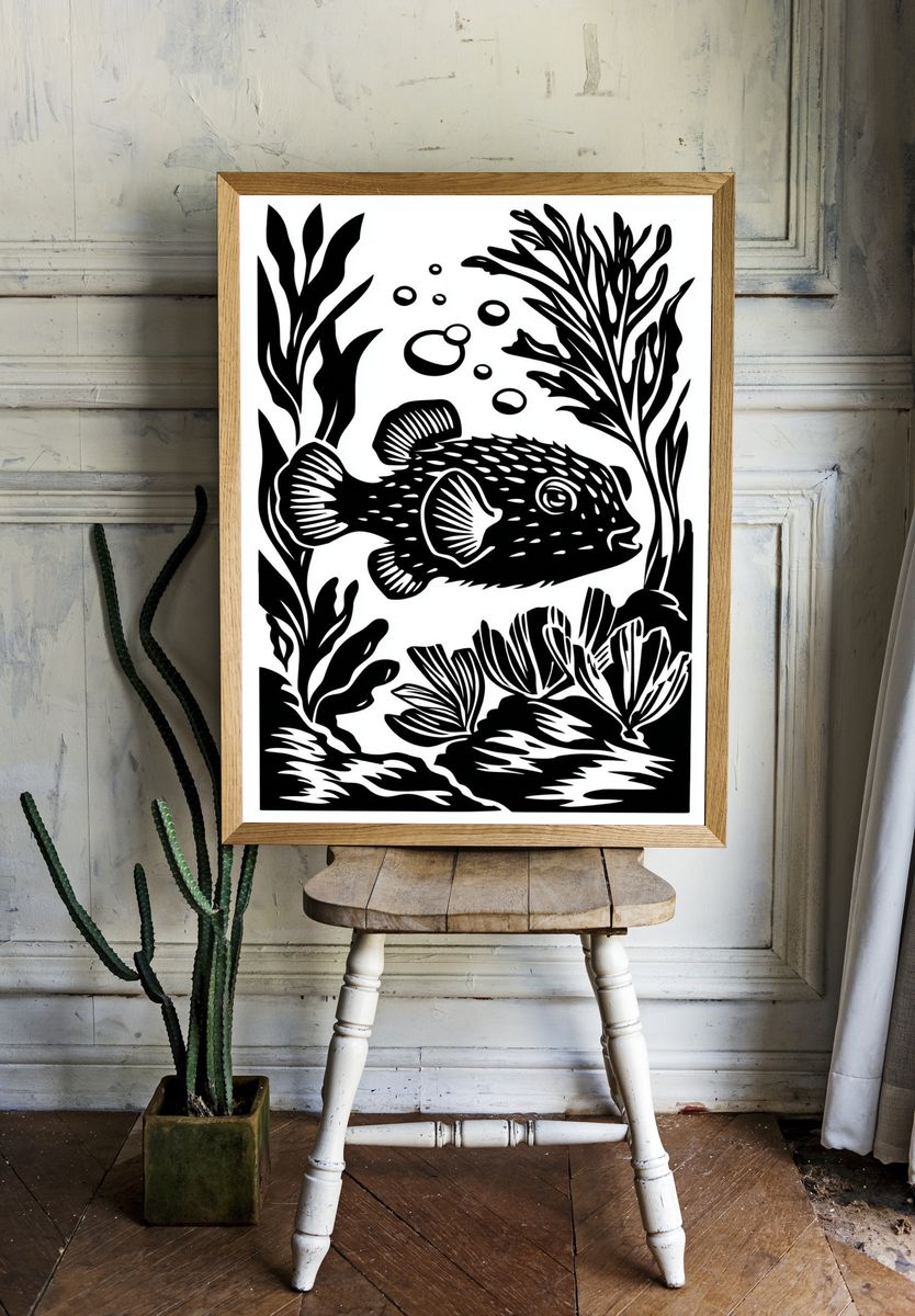 Pufferfish Seaweed Ink Poster. room preview