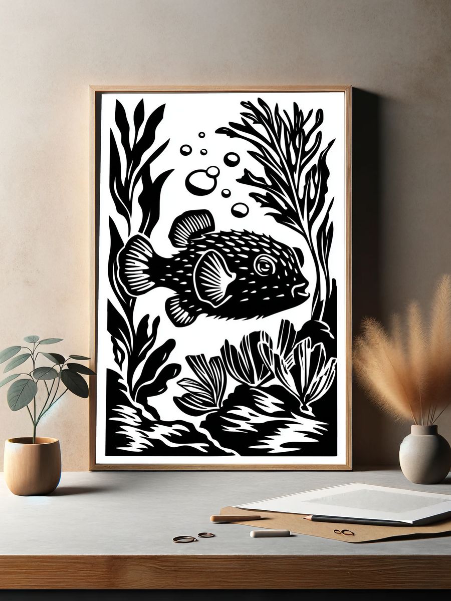 Pufferfish Seaweed Ink Poster. — room view 2