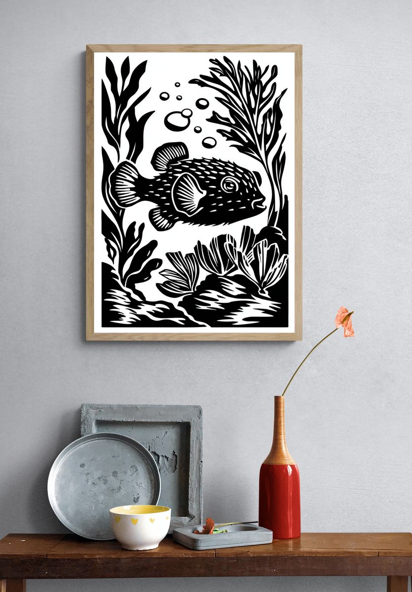 Pufferfish Seaweed Ink Poster. — room view 3