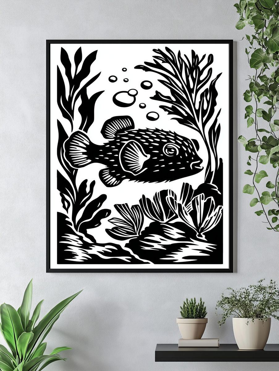 Pufferfish Seaweed Ink Poster. — room view 4