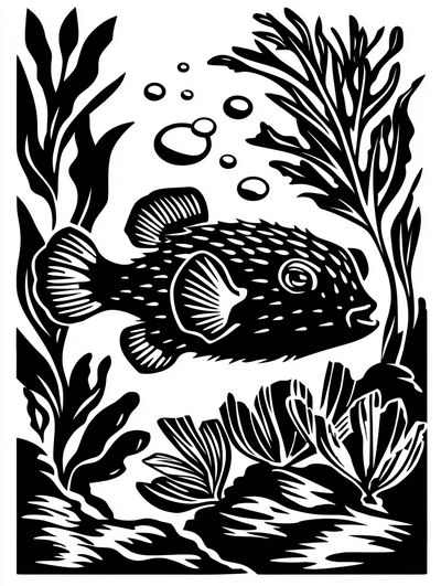 Pufferfish Seaweed Ink Poster.