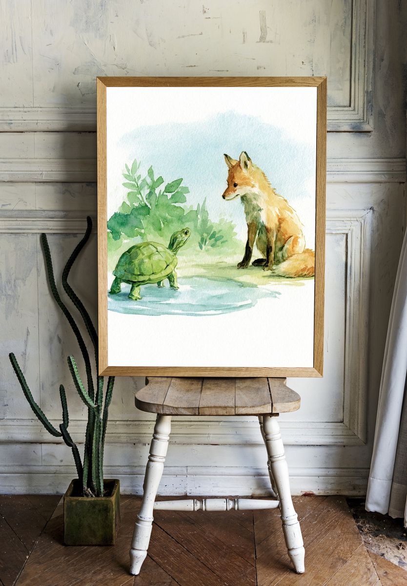 Fox and Turtle Watercolor Poster. — room view 1