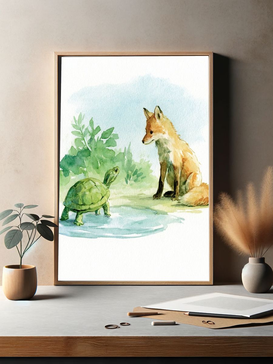 Fox and Turtle Watercolor Poster. — room view 2