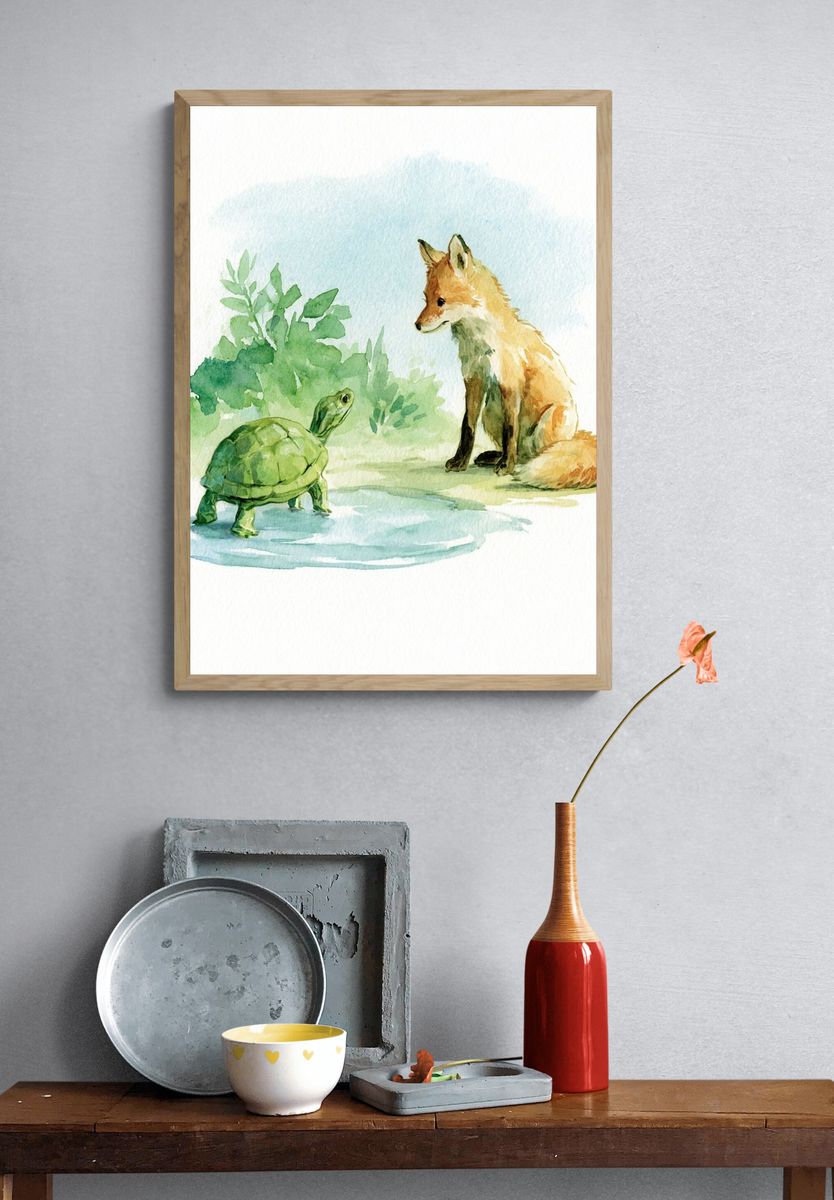 Fox and Turtle Watercolor Poster. — room view 3