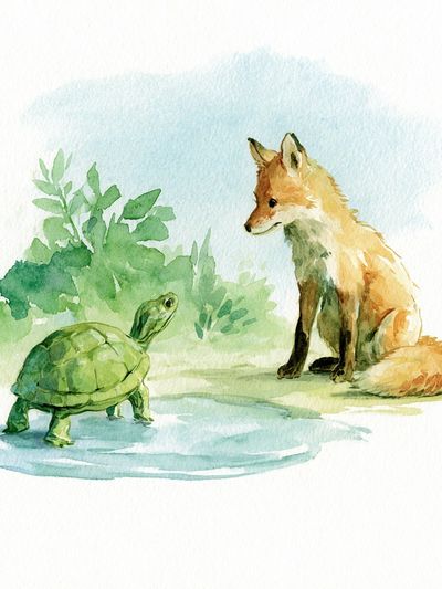 Fox and Turtle Watercolor Poster. poster
