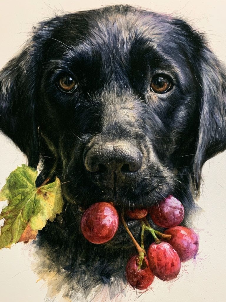 Black Labrador with Grapes Illustration Poster. poster — animals art