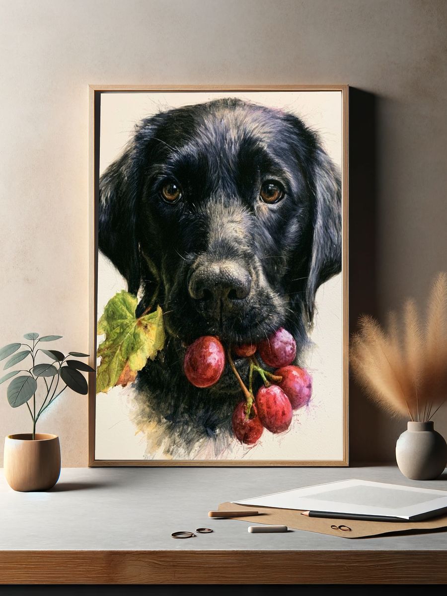 Black Labrador with Grapes Illustration Poster. — room view 2
