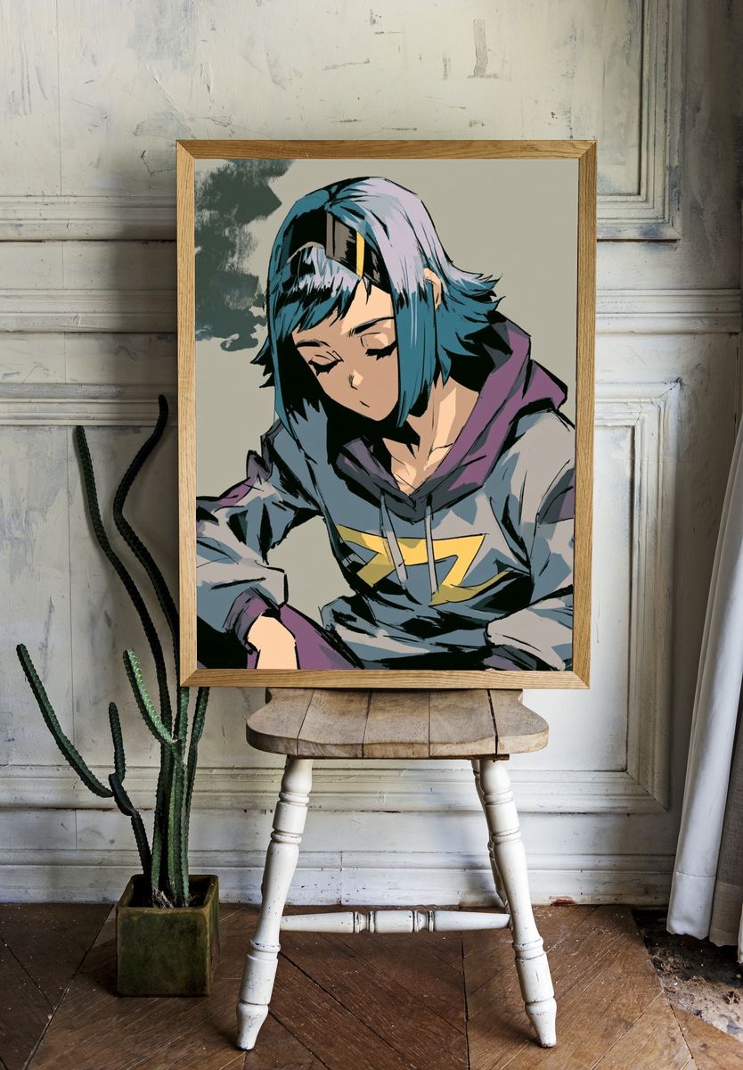 Blue-Haired Anime Portrait Poster. room preview