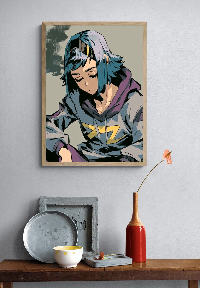 Blue-Haired Anime Portrait Poster. — room view 3