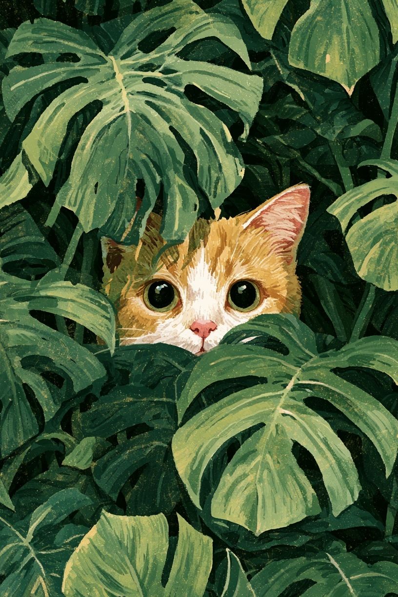 Hidden Cat in Monstera Illustration Poster. poster — animals art
