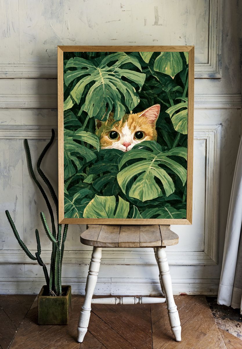 Hidden Cat in Monstera Illustration Poster. room preview