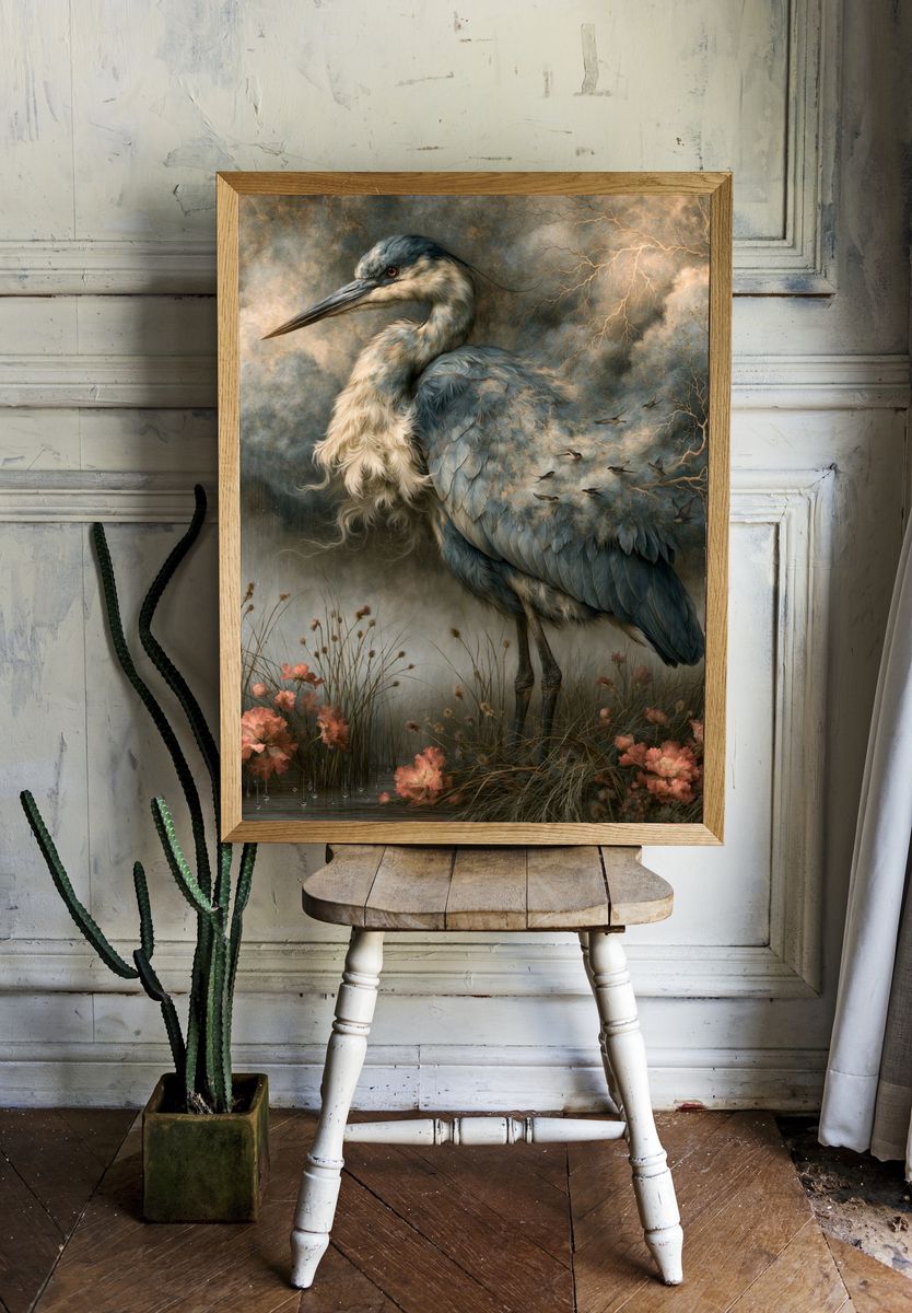Heron in Stormlight Illustration Poster. — room view 1