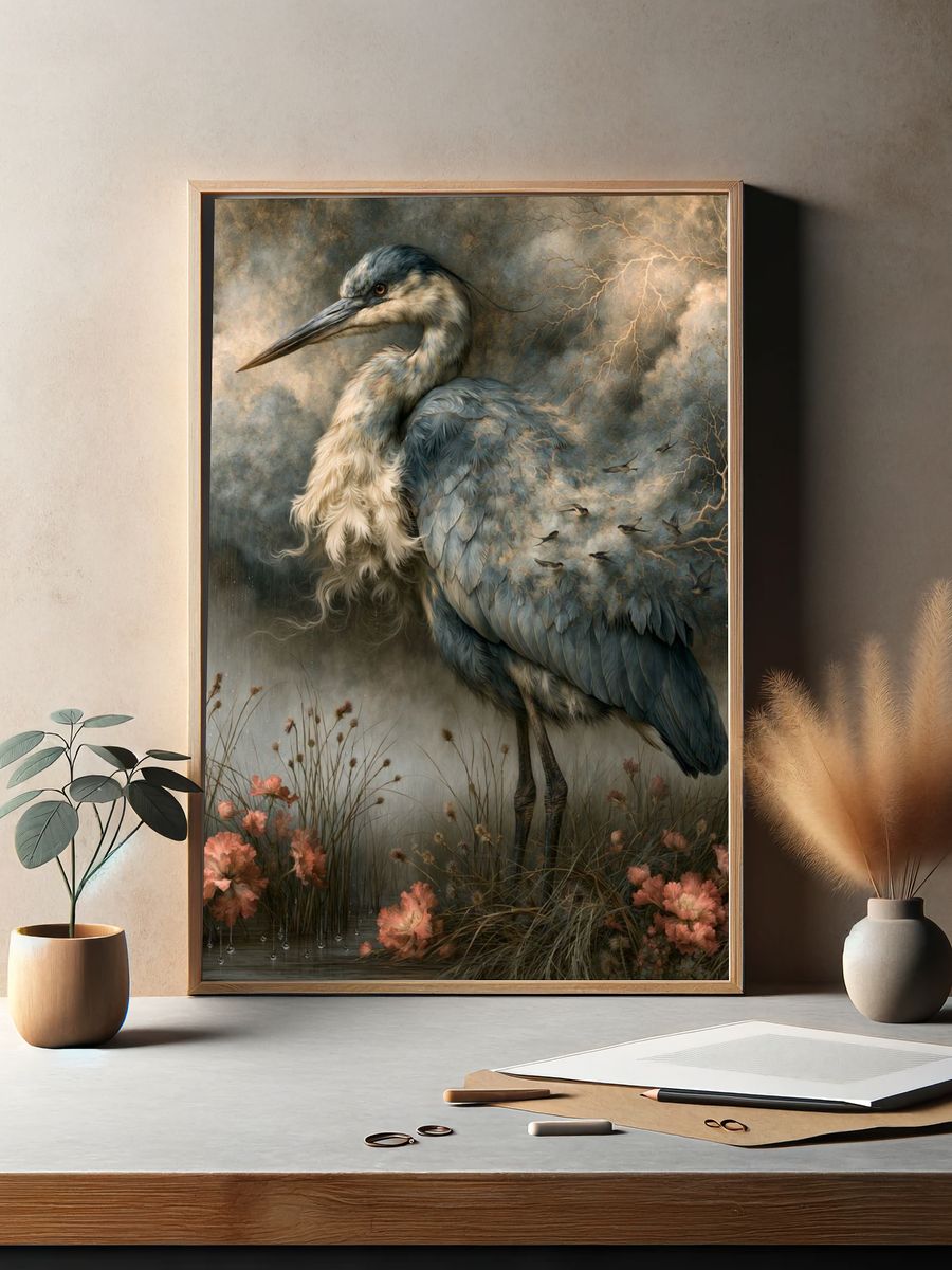 Heron in Stormlight Illustration Poster. — room view 2