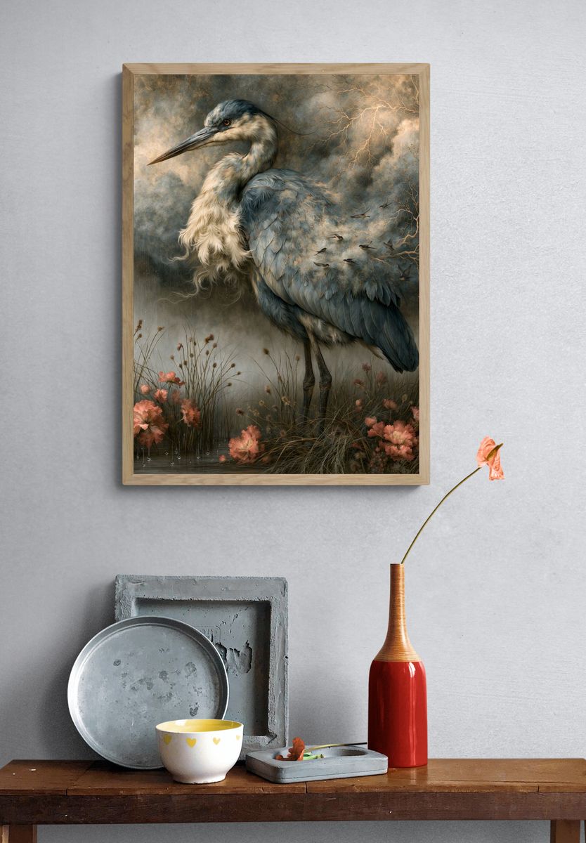 Heron in Stormlight Illustration Poster. — room view 3