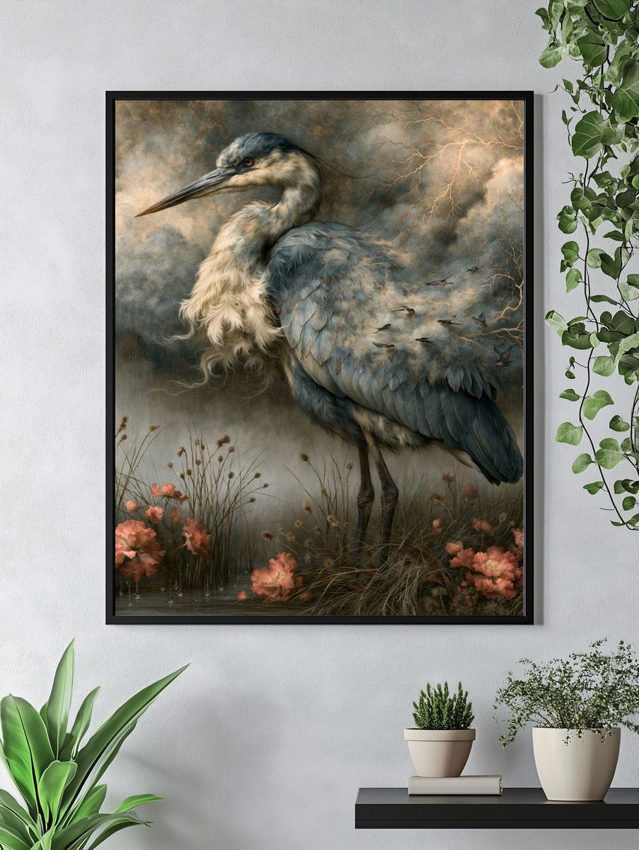 Heron in Stormlight Illustration Poster. — room view 4