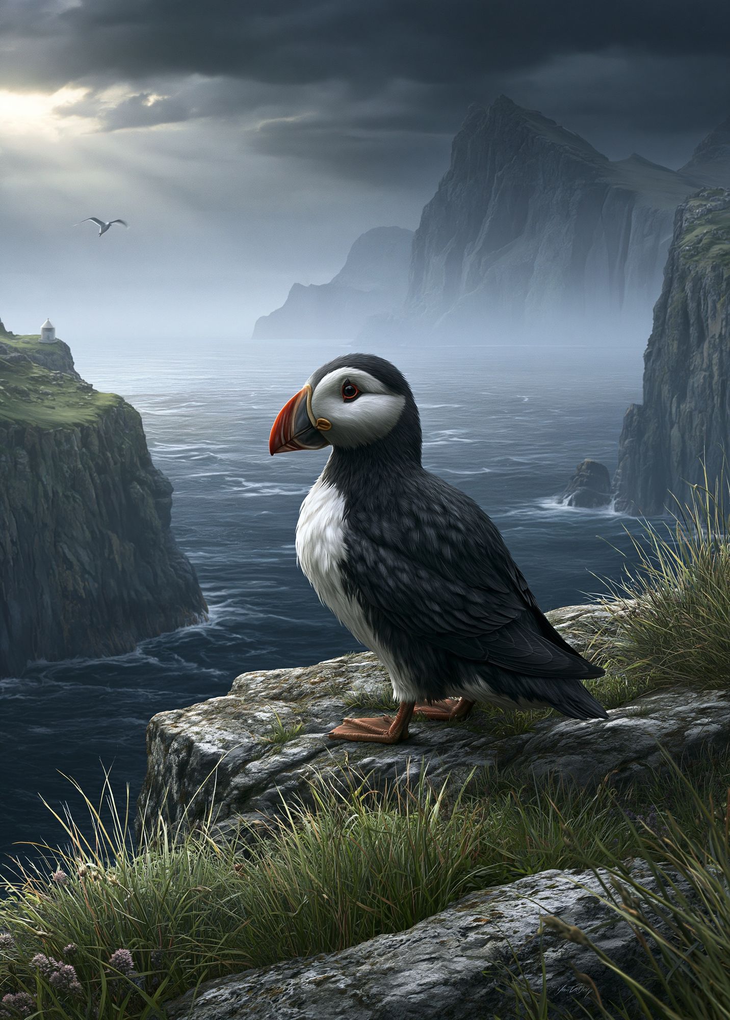 Puffin Cliff Coast Print. poster — animals art