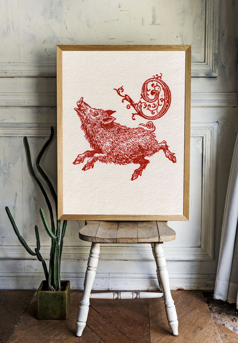 Running Boar Ink Illustration Poster. — room view 1