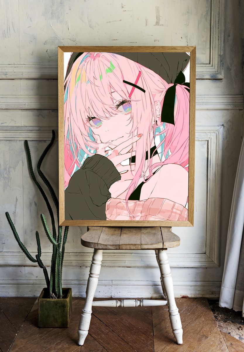 Pink Haired Anime Girl Print. room preview