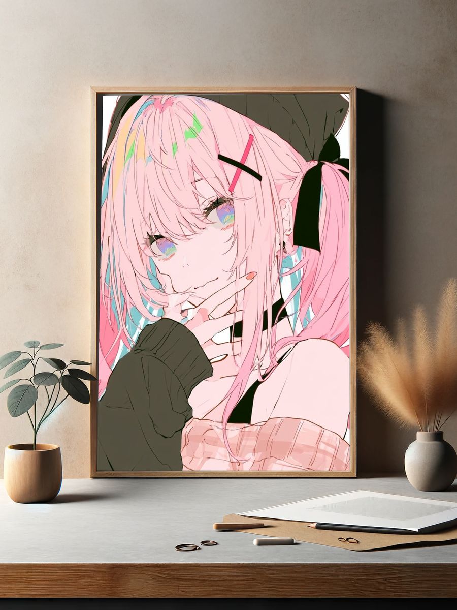 Pink Haired Anime Girl Print. — room view 2