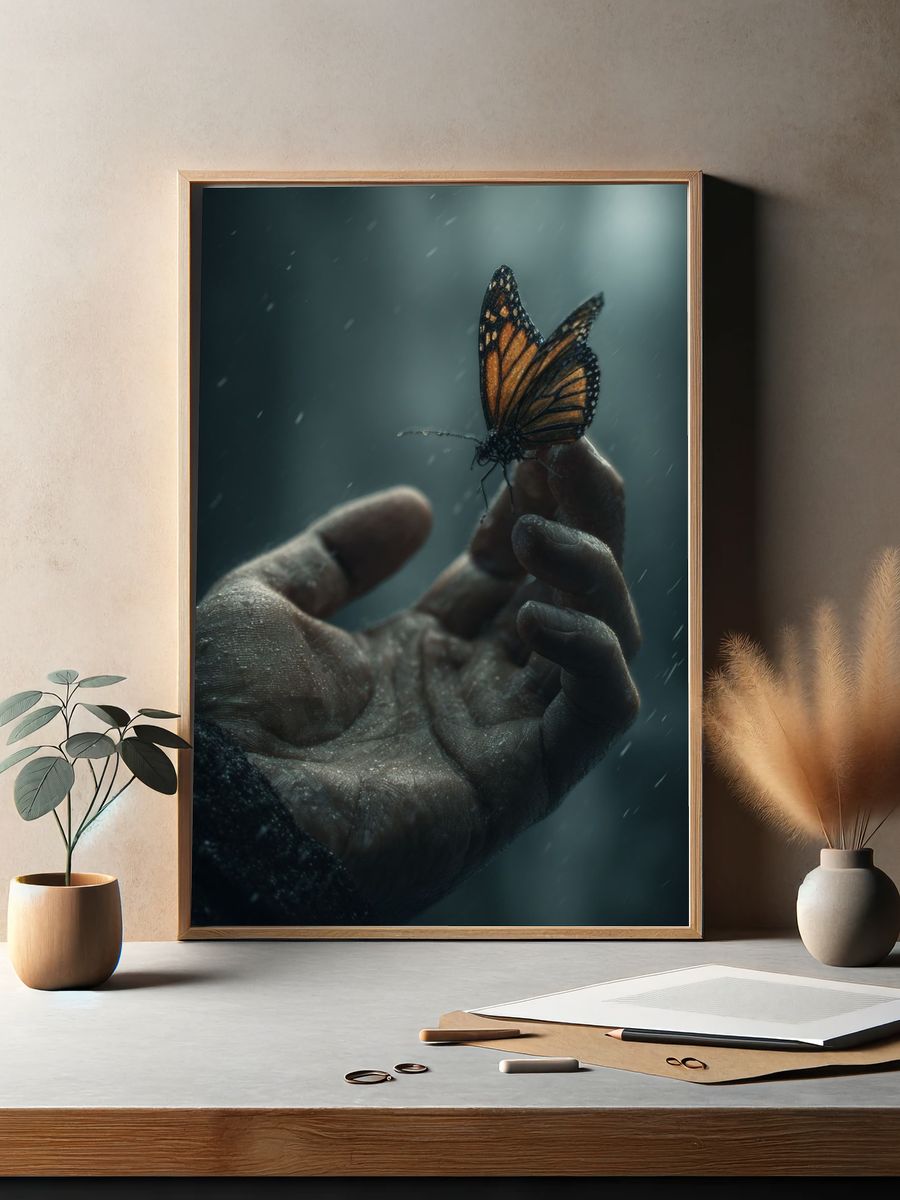 Butterfly in Hand Photography Poster. — room view 2