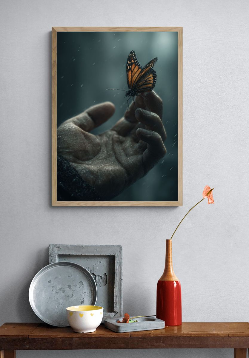 Butterfly in Hand Photography Poster. — room view 3