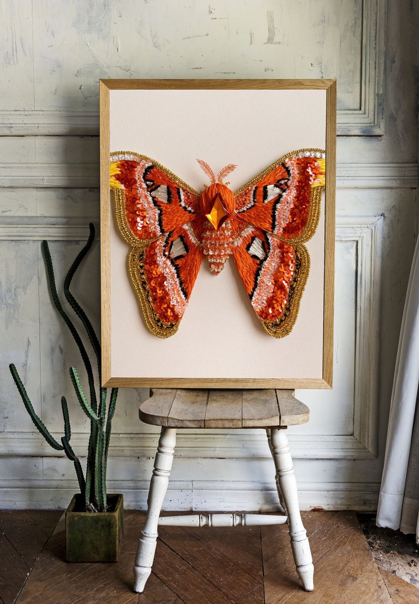 Embroidered Moth Butterfly Print. room preview