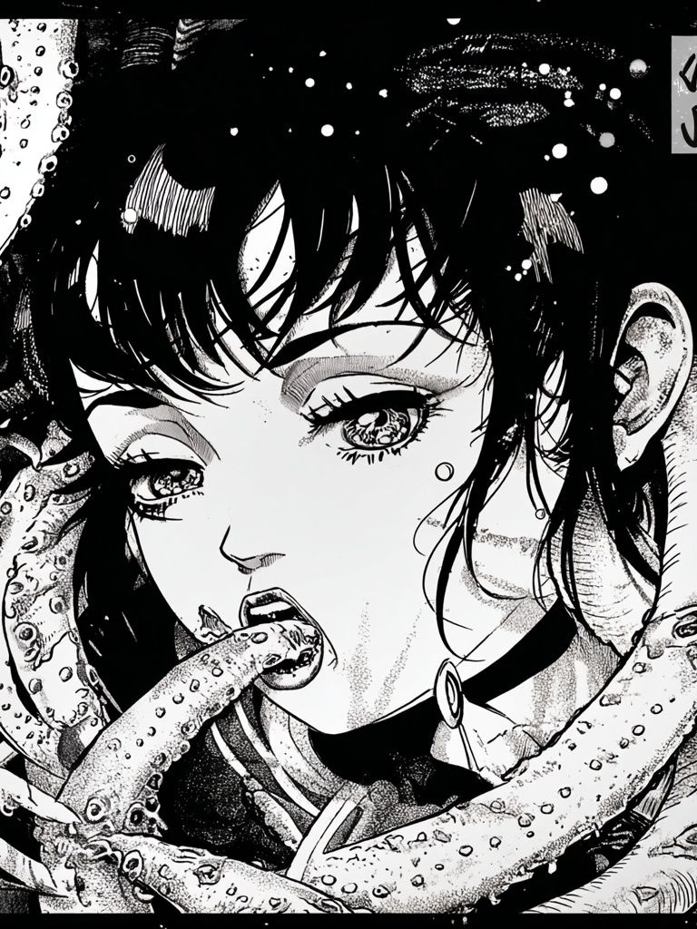 Manga Girl and Tentacles Print. poster detail