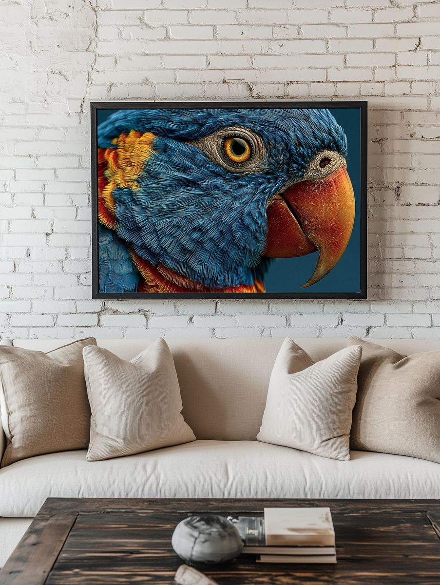 Blue Parrot Portrait Print. — room view 1