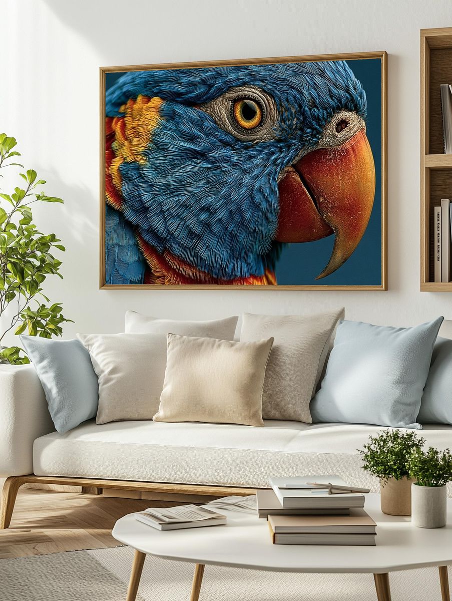 Blue Parrot Portrait Print. — room view 2