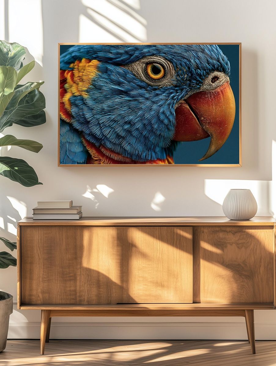 Blue Parrot Portrait Print. — room view 3