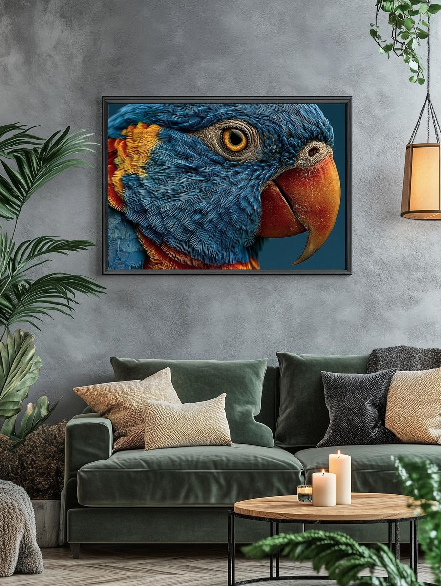 Blue Parrot Portrait Print. — room view 4