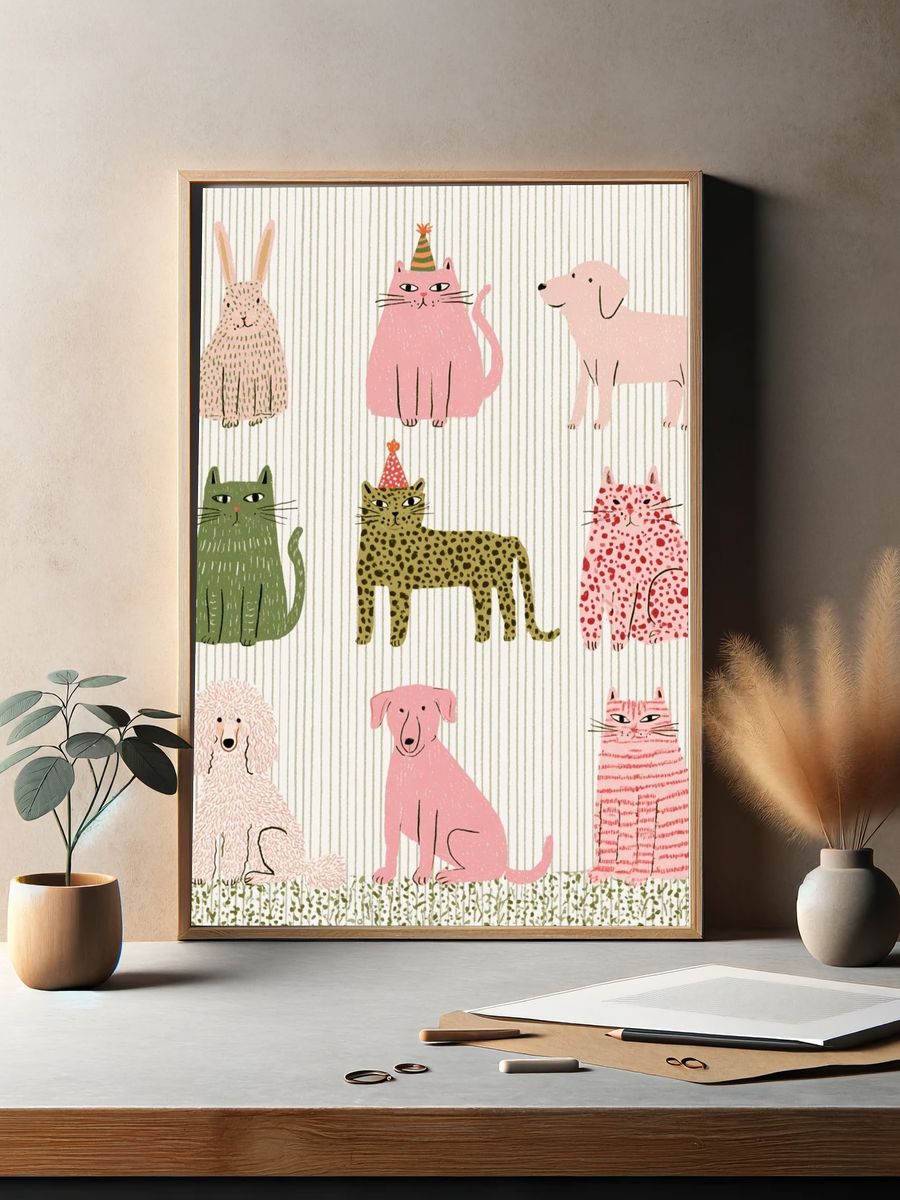 Playful Animal Friends Illustration Poster. — room view 2