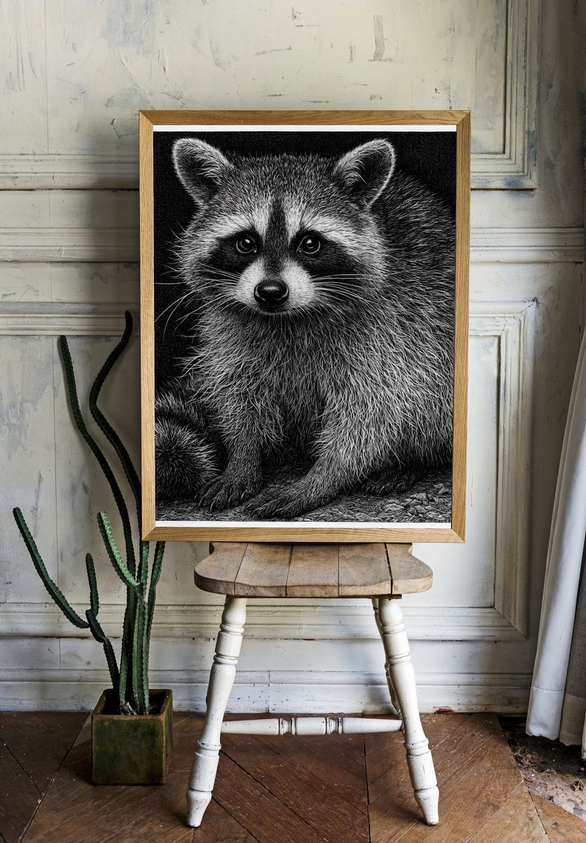 Raccoon Portrait Black-White Print. room preview