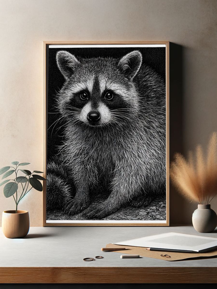 Raccoon Portrait Black-White Print. — room view 2