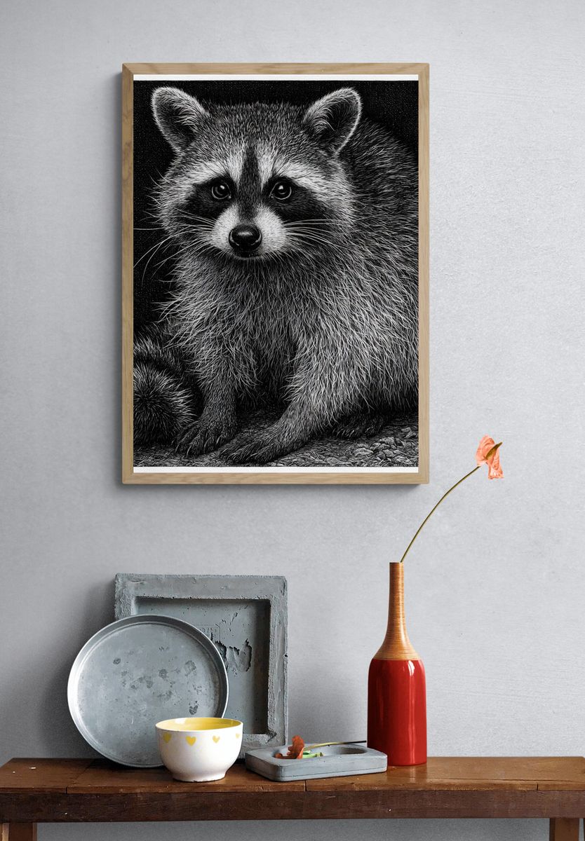 Raccoon Portrait Black-White Print. — room view 3