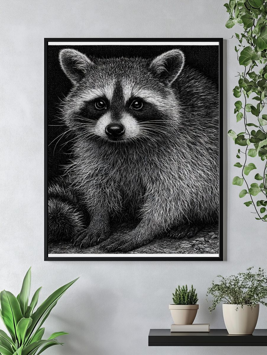 Raccoon Portrait Black-White Print. — room view 4