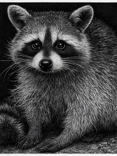 Raccoon Portrait Black-White Print.